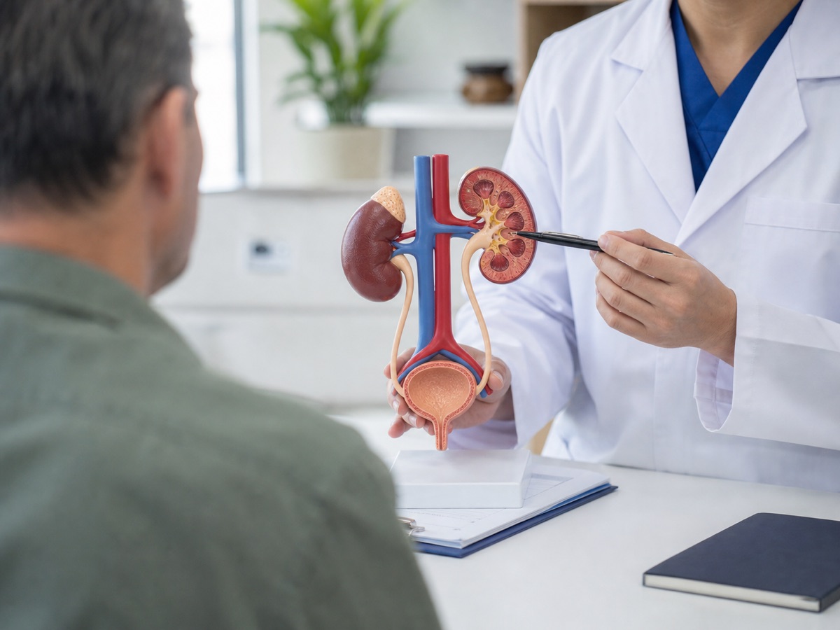 Consulta preventiva com modelo do sistema urinário